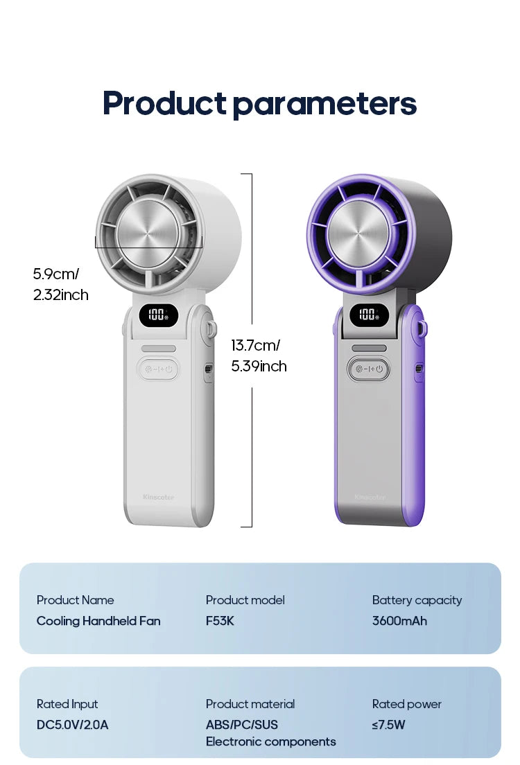 Outdoor Foldable Portable Handheld Fan Mini Cooling Rechargeable 3600mAh 100-level Free Control High Speed Turbo Fan