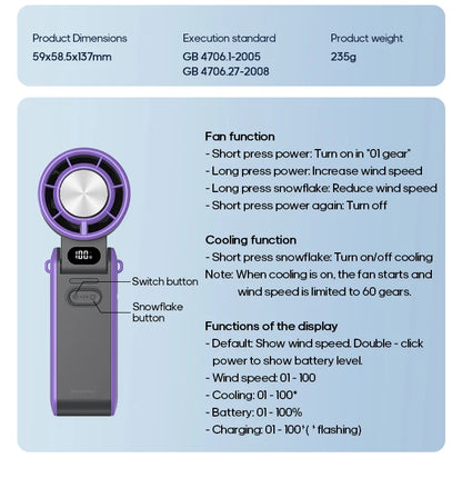 Outdoor Foldable Portable Handheld Fan Mini Cooling Rechargeable 3600mAh 100-level Free Control High Speed Turbo Fan